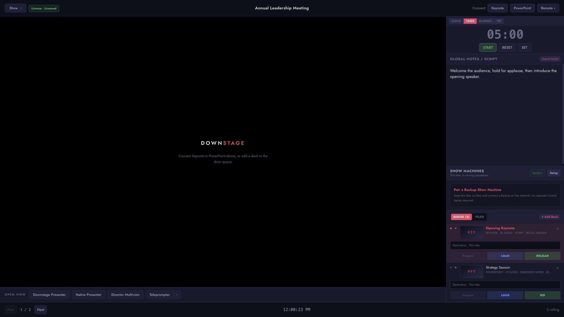 The actual Downstage Controller view showing presentation queue, timer, script, show-machine status, and output controls